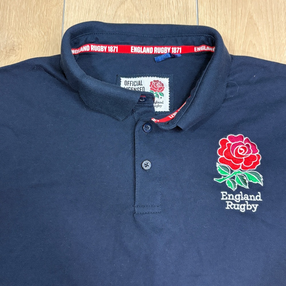 England Rugby Union Embroidered Licensed Navy Blue Polo Shirt Men's Medium Rose - Picture 2 of 10